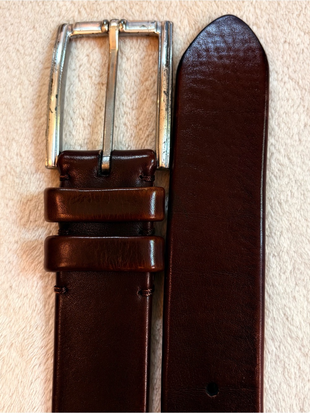 Men's Dark Brown Leather Belt with Silver Buckle Sz 36